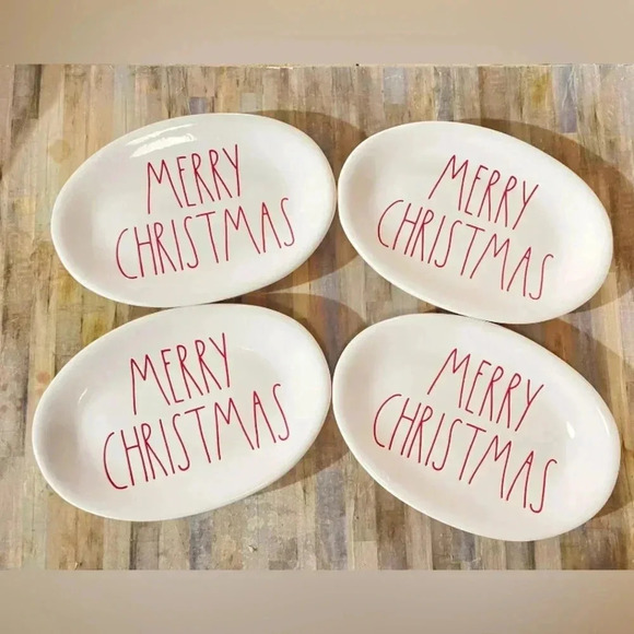 Rae Dunn by Magenta Oval Appetizer Plates MERRY CHRISTMAS Large Red Font Set Of4 - Picture 1 of 3
